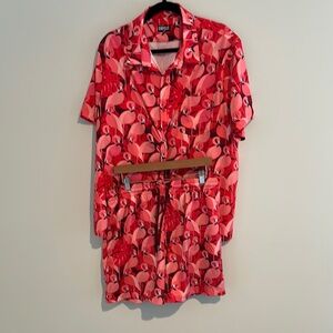 Red and Pink Floral Casual Button Down Shirt and swim trunks